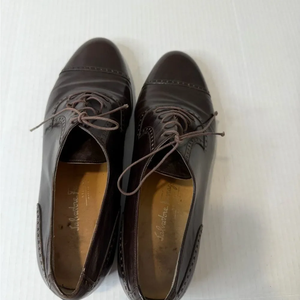 Salvatore Ferragamo Studio Brown Red Leather Oxford Lace-Up Shoes size 9.5 D